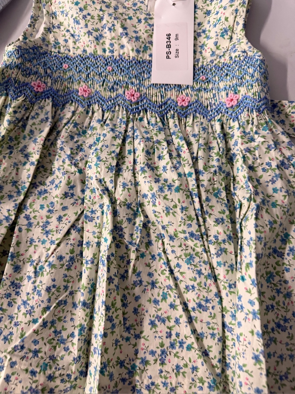 Smocked dress blue floral nine months cotton new with tags